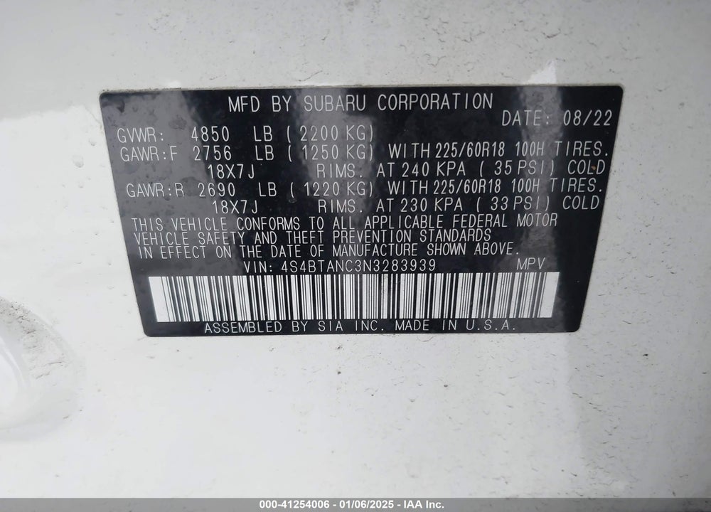 2022 SUBARU OUTBACK LIMITED VIN: 4S4BTANC3N3283939