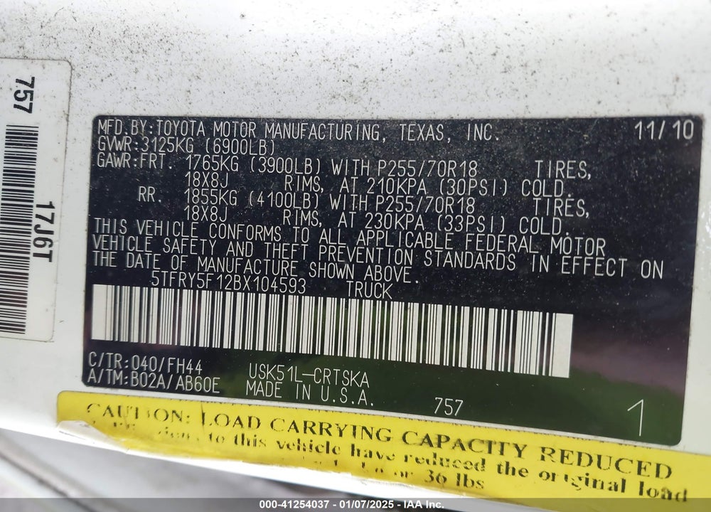 2011 TOYOTA TUNDRA VIN: 5TFRY5F12BX104593