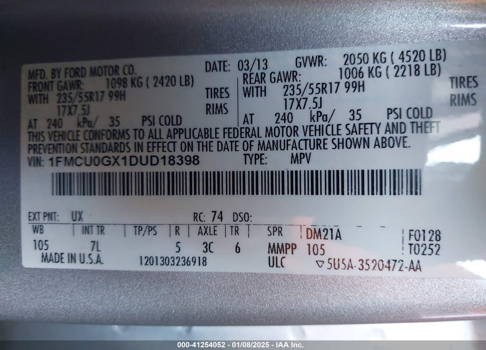 2013 FORD ESCAPE SE VIN: 1FMCU0GX1DUD18398
