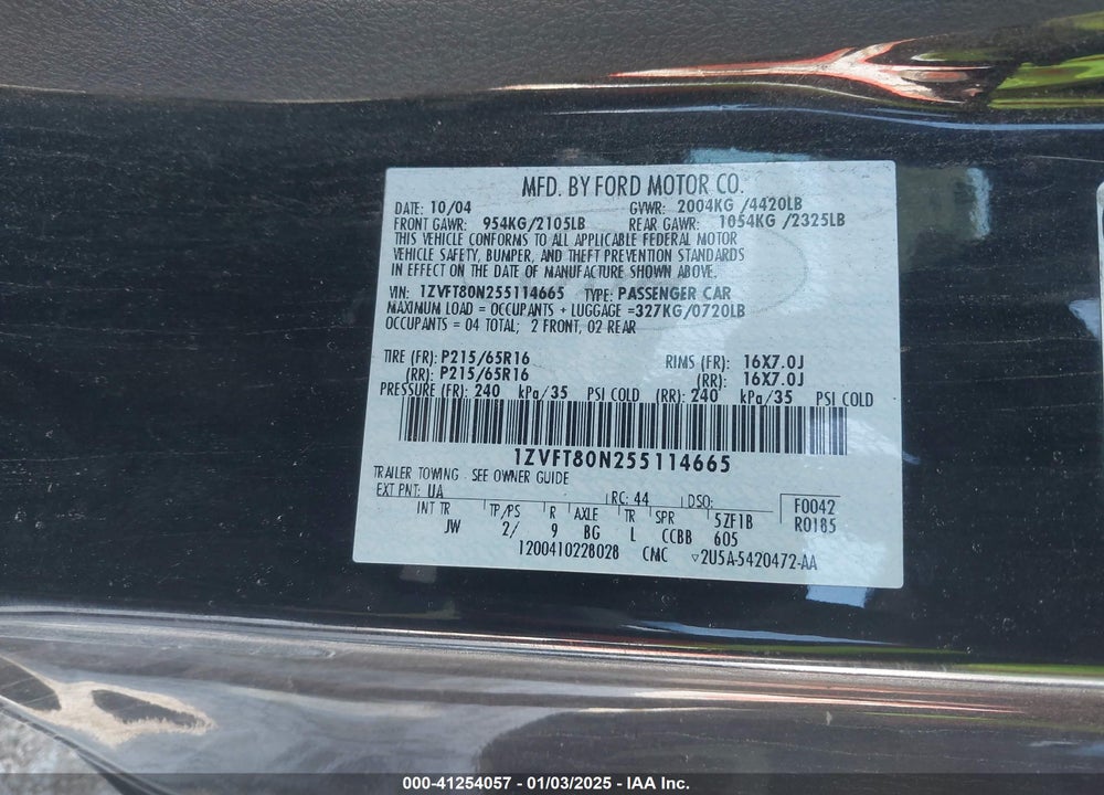 2005 FORD MUSTANG V6 DELUXE/V6 PREMIUM VIN: 1ZVFT80N255114665