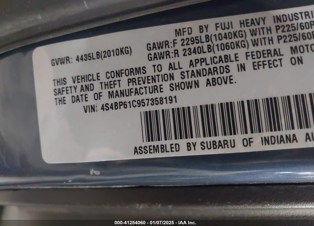 2005 SUBARU OUTBACK 2.5I VIN: 4S4BP61C957358191