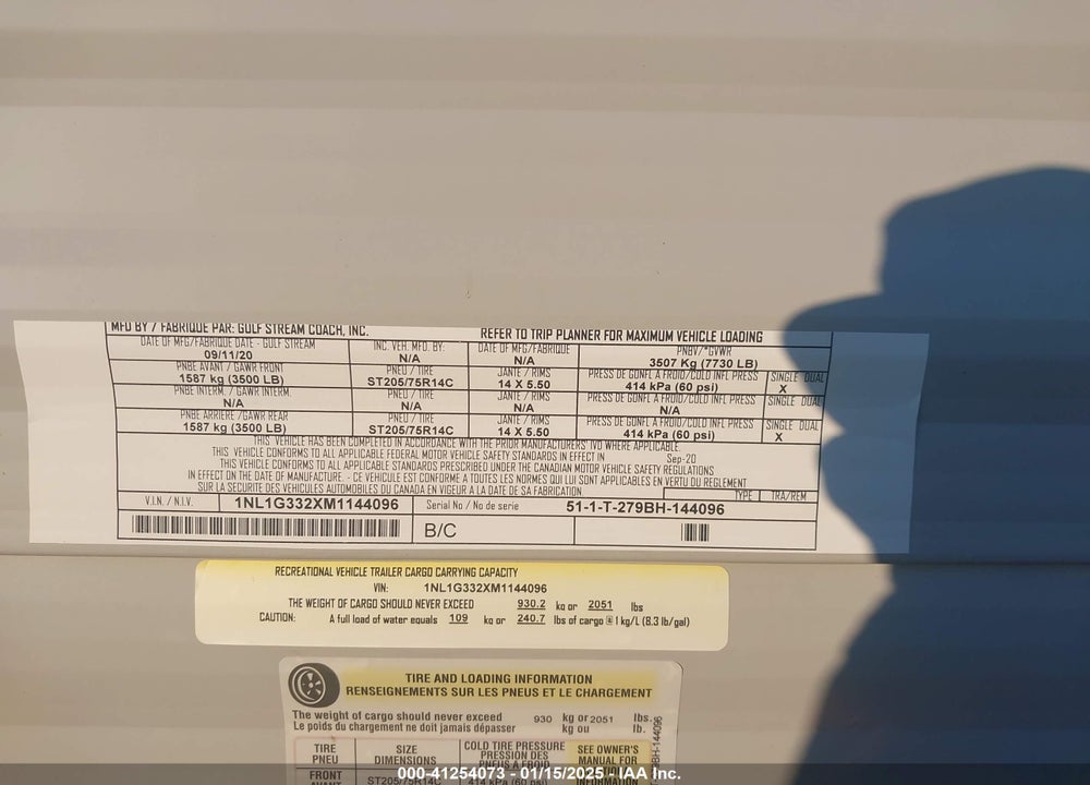 2021 GULFSTREAM AMERILITE VIN: 1NL1G332XM1144096