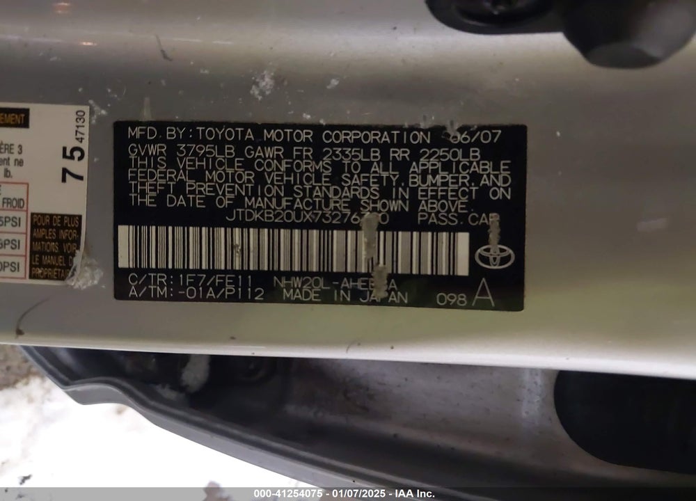 2007 TOYOTA PRIUS VIN: JTDKB20UX73276390