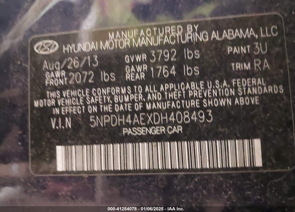 2013 HYUNDAI ELANTRA GLS VIN: 5NPDH4AEXDH408493