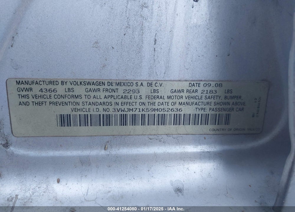 2009 VOLKSWAGEN JETTA S VIN: 3VWJM71K59M052636