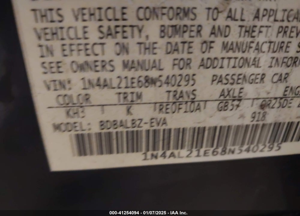 2008 NISSAN ALTIMA 2.5 S VIN: 1N4AL21E68N540295