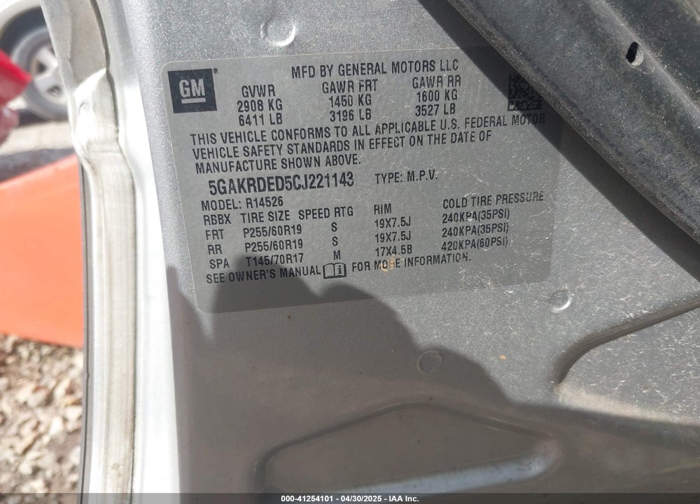 2012 BUICK ENCLAVE VIN: 5GAKRDED5CJ221143