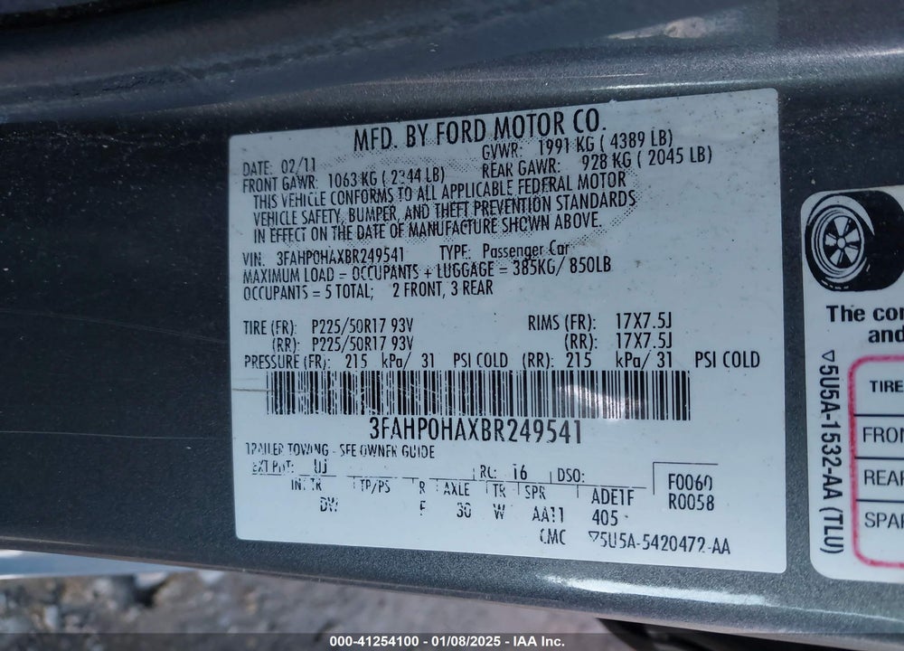 2011 FORD FUSION VIN: 3FAHP0HAXBR249541