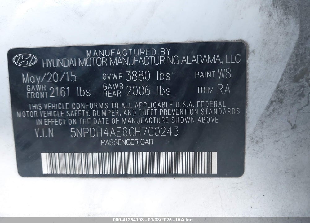2016 HYUNDAI ELANTRA SE VIN: 5NPDH4AE6GH700243