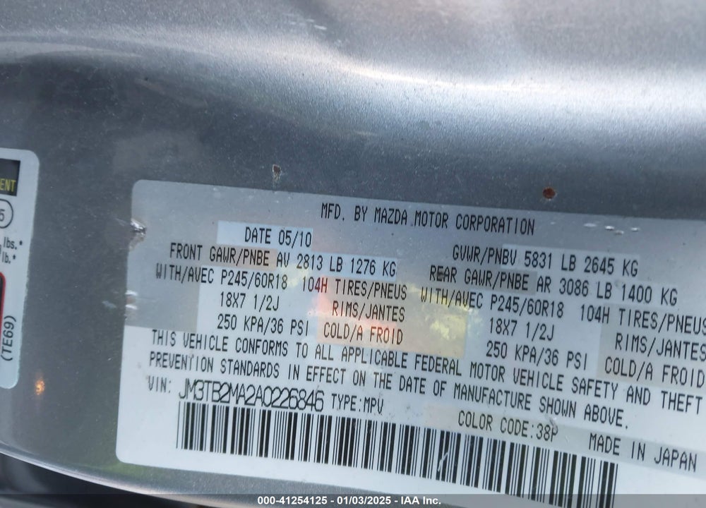 2010 MAZDA CX-9 TOURING VIN: JM3TB2MA2A0226846