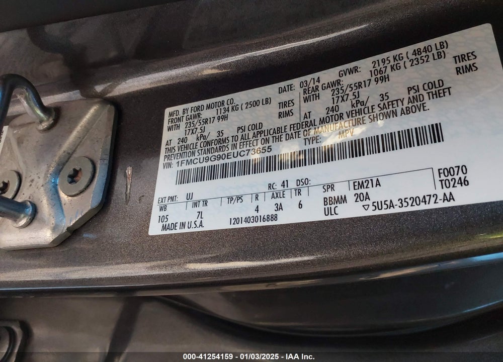 2014 FORD ESCAPE SE VIN: 1FMCU9G90EUC73655