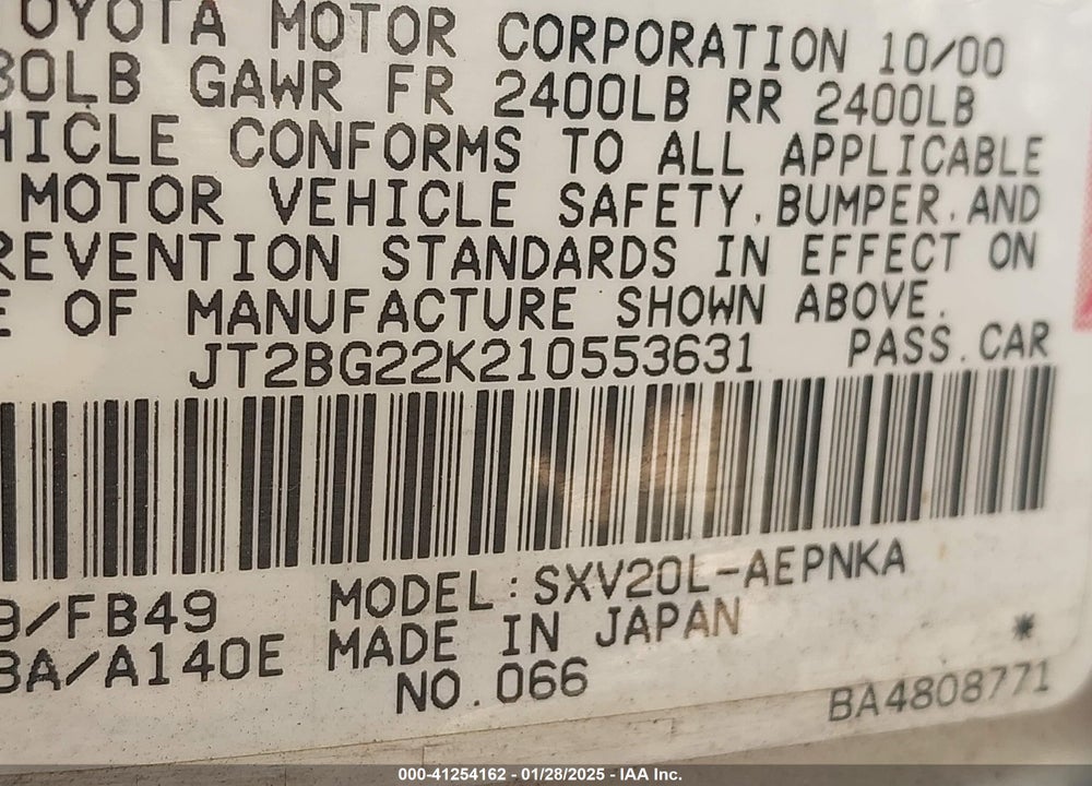 2001 TOYOTA CAMRY LE VIN: JT2BG22K210553631