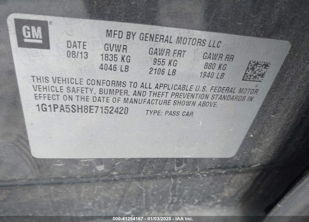 2014 CHEVROLET CRUZE LS AUTO VIN: 1G1PA5SH8E7152420