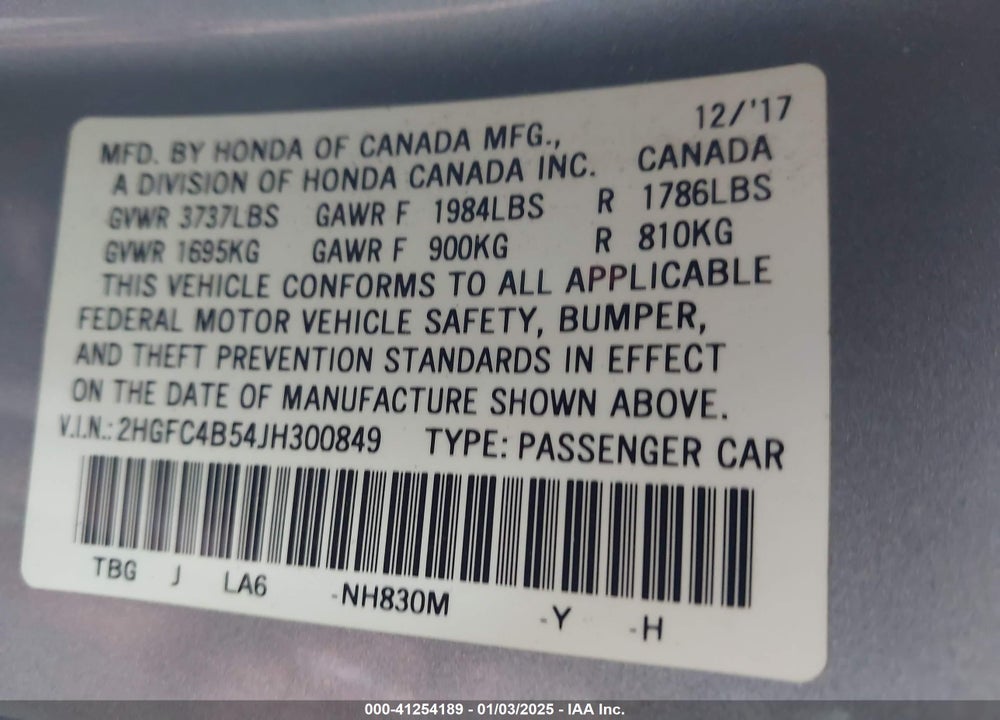 2018 HONDA CIVIC LX VIN: 2HGFC4B54JH300849