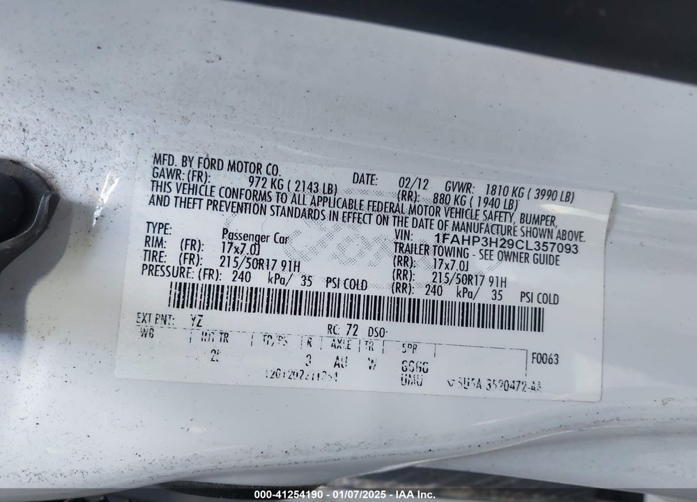 2012 FORD FOCUS SEL VIN: 1FAHP3H29CL357093