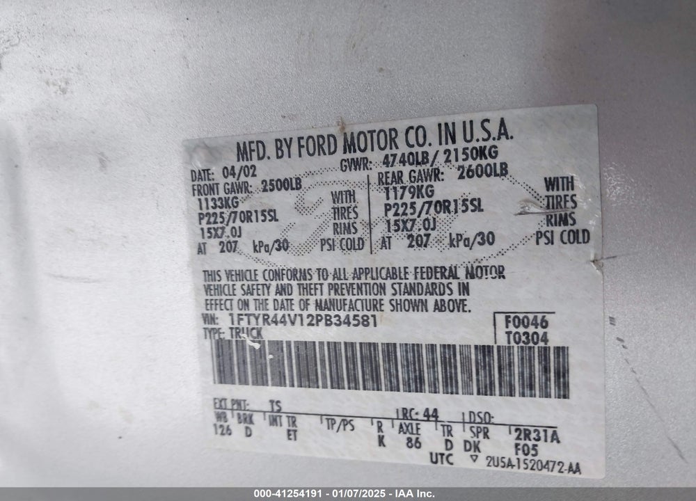 2002 FORD RANGER EDGE/TREMOR/XLT VIN: 1FTYR44V12PB34581