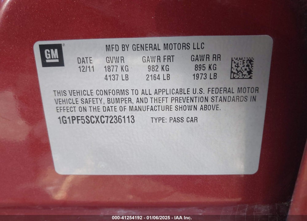 2012 CHEVROLET CRUZE VIN: 1G1PF5SCXC7236113
