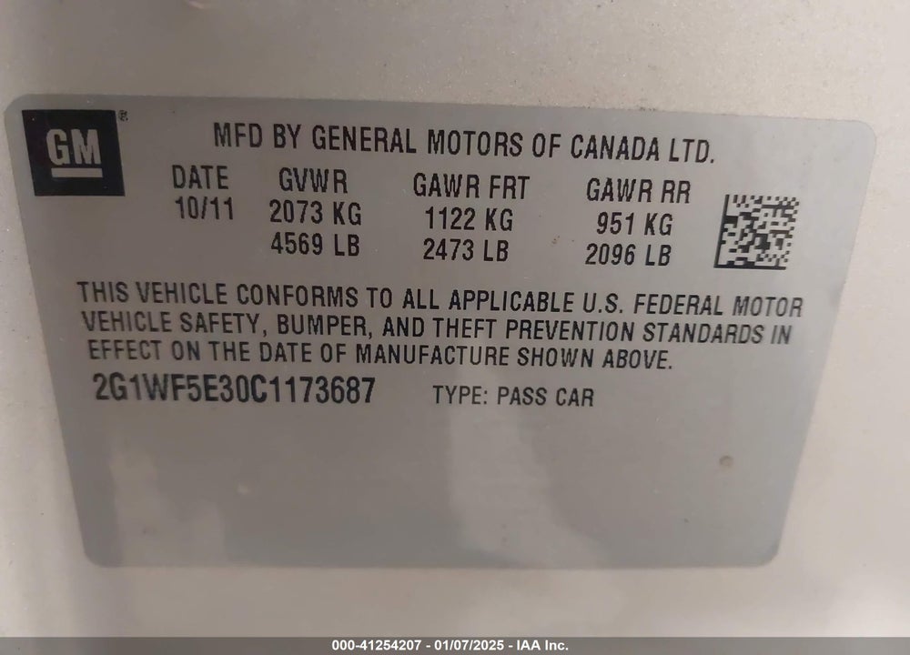2012 CHEVROLET IMPALA LS VIN: 2G1WF5E30C1173687