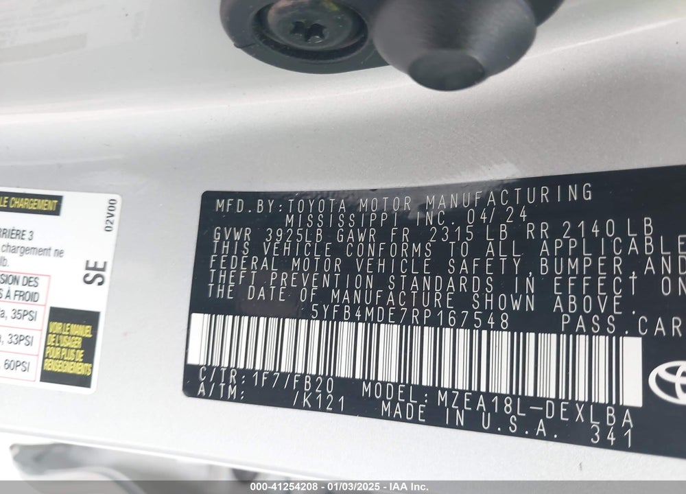 2024 TOYOTA COROLLA LE VIN: 5YFB4MDE7RP167548