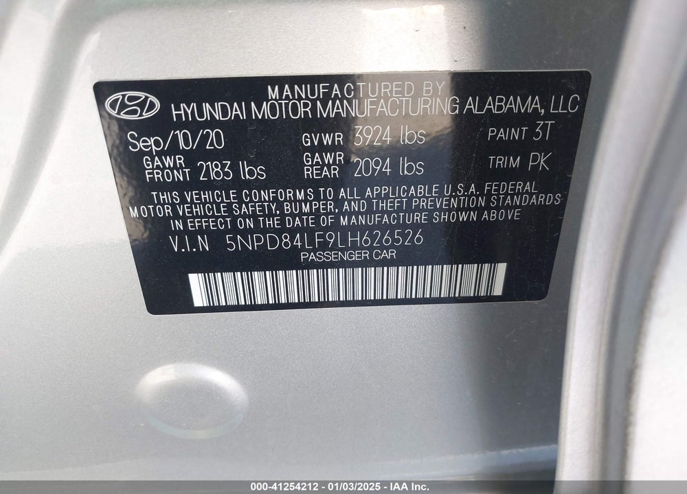 2020 HYUNDAI ELANTRA VIN: 5NPD84LF9LH626526