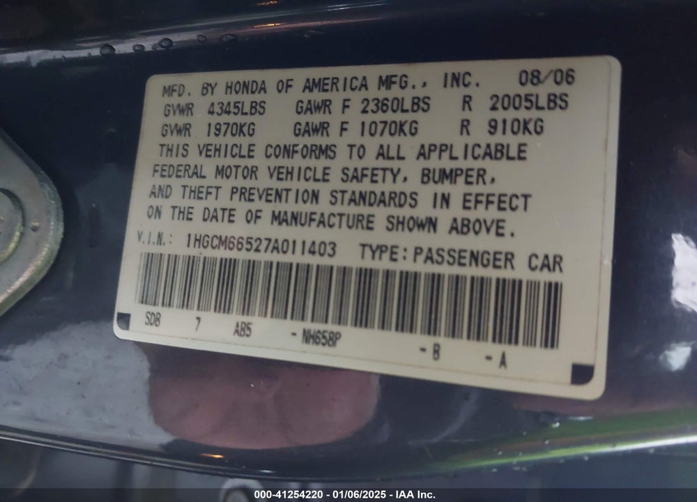 2007 HONDA ACCORD 3.0 EX VIN: 1HGCM66527A011403