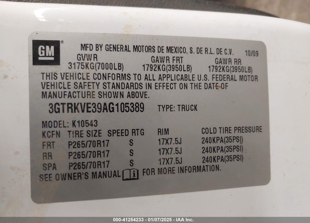 2010 GMC SIERRA 1500 VIN: 3GTRKVE39AG105389