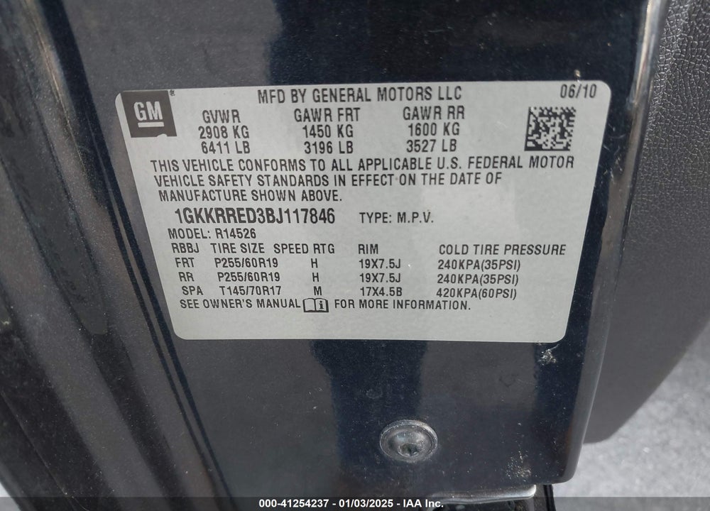 2011 GMC ACADIA SLT-1 VIN: 1GKKRRED3BJ117846