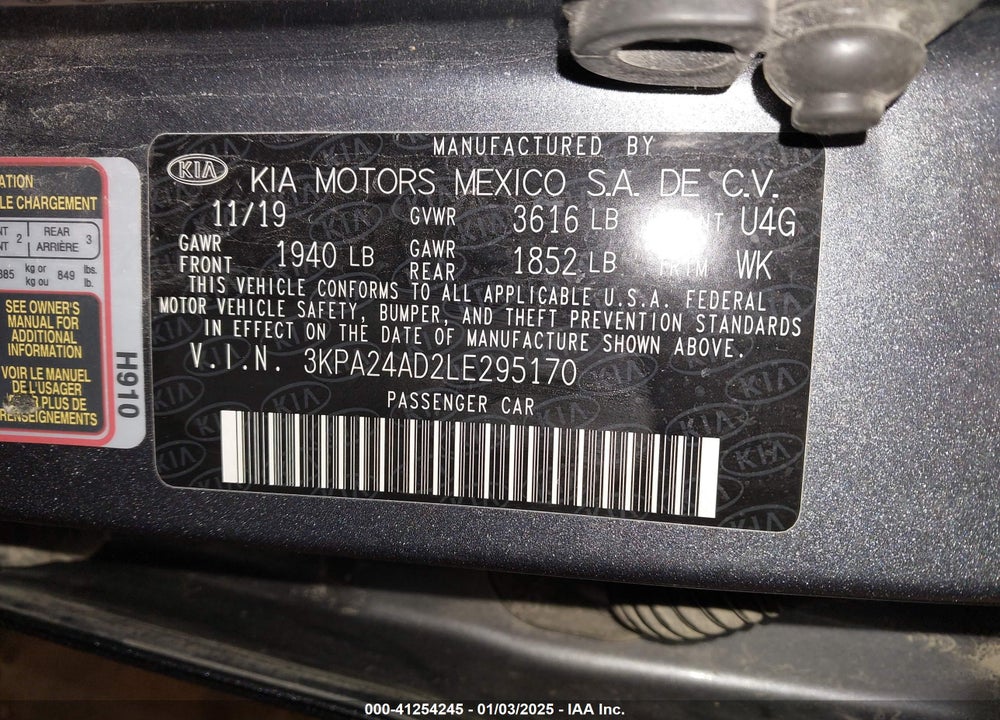 2020 KIA RIO VIN: 3KPA24AD2LE295170