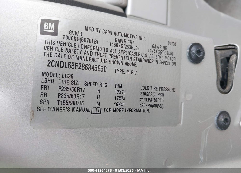 2008 CHEVROLET EQUINOX LT VIN: 2CNDL63F286345850