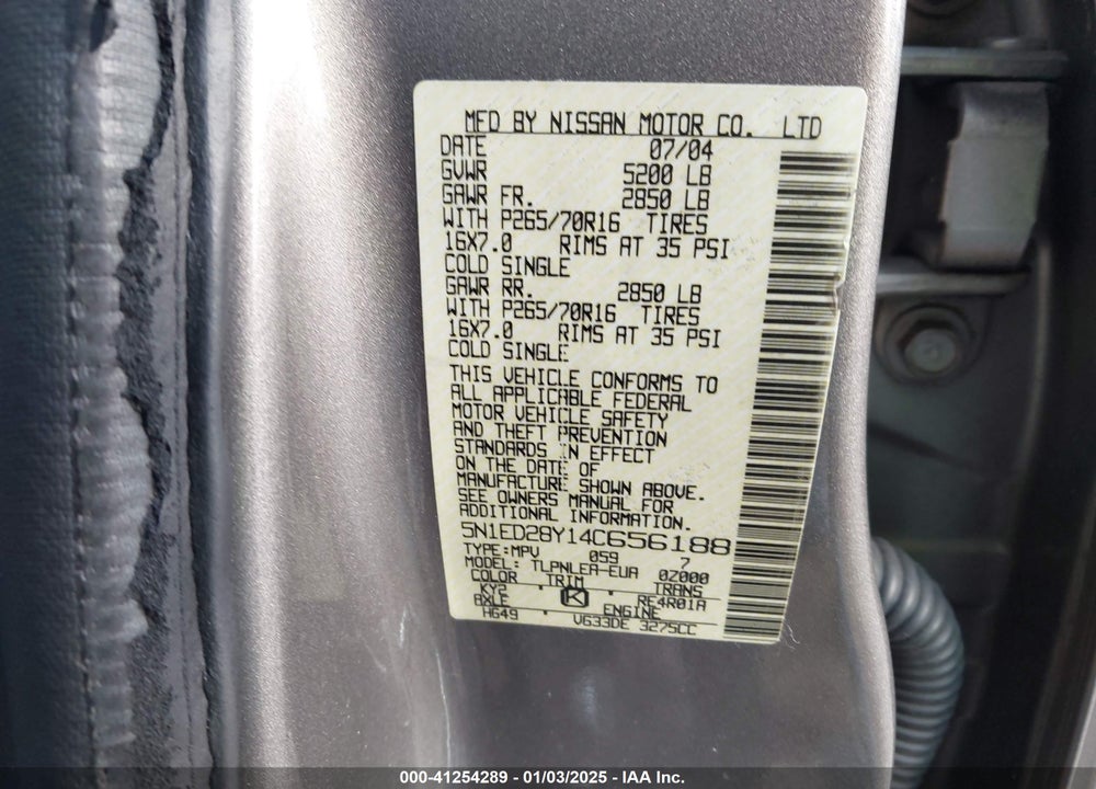 2004 NISSAN XTERRA XE VIN: 5N1ED28Y14C656188
