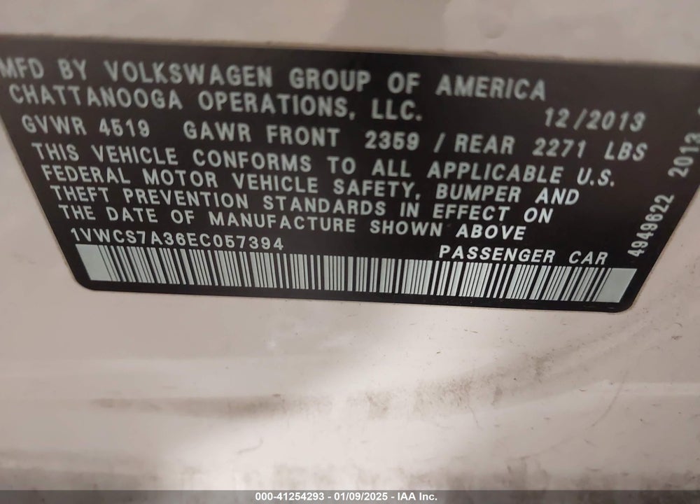 2014 VOLKSWAGEN PASSAT VIN: 1VWCS7A36EC057394