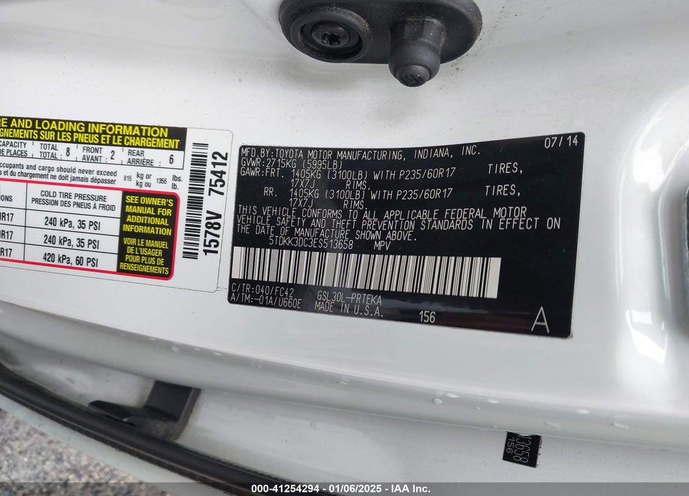 2014 TOYOTA SIENNA LE V6 8 PASSENGER VIN: 5TDKK3DC3ES513658