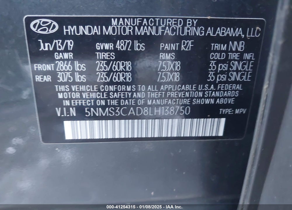 2020 HYUNDAI SANTA FE SEL VIN: 5NMS3CAD8LH138750