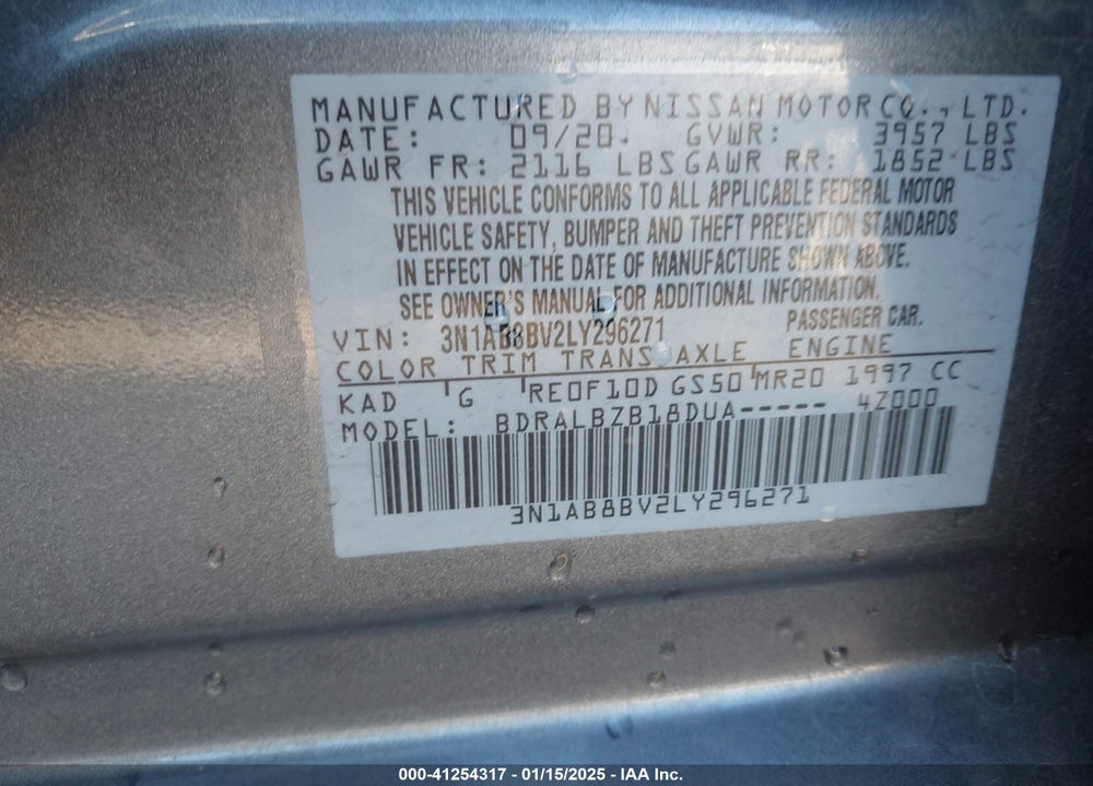 2020 NISSAN SENTRA VIN: 3N1AB8BV2LY296271