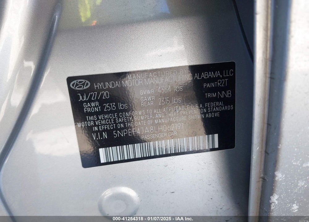 2020 HYUNDAI SONATA VIN: 5NPEF4JA8LH062191