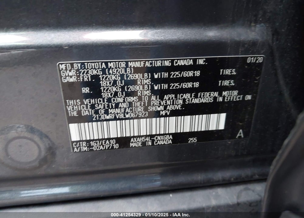 2020 TOYOTA RAV4 HYBRID LIMITED VIN: 2T3DWRFV8LW067923