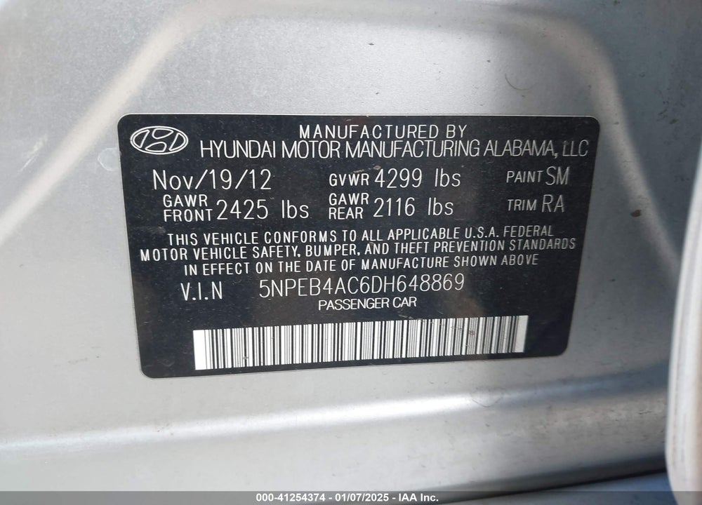2013 HYUNDAI SONATA GLS VIN: 5NPEB4AC6DH648869