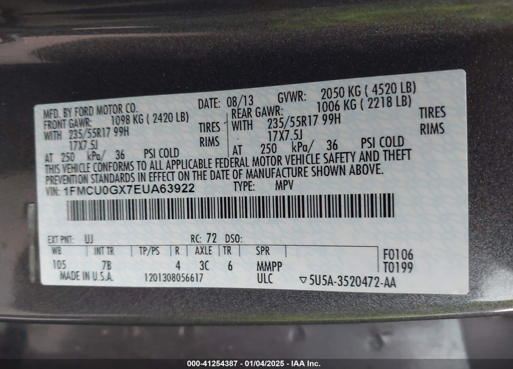 2014 FORD ESCAPE SE VIN: 1FMCU0GX7EUA63922