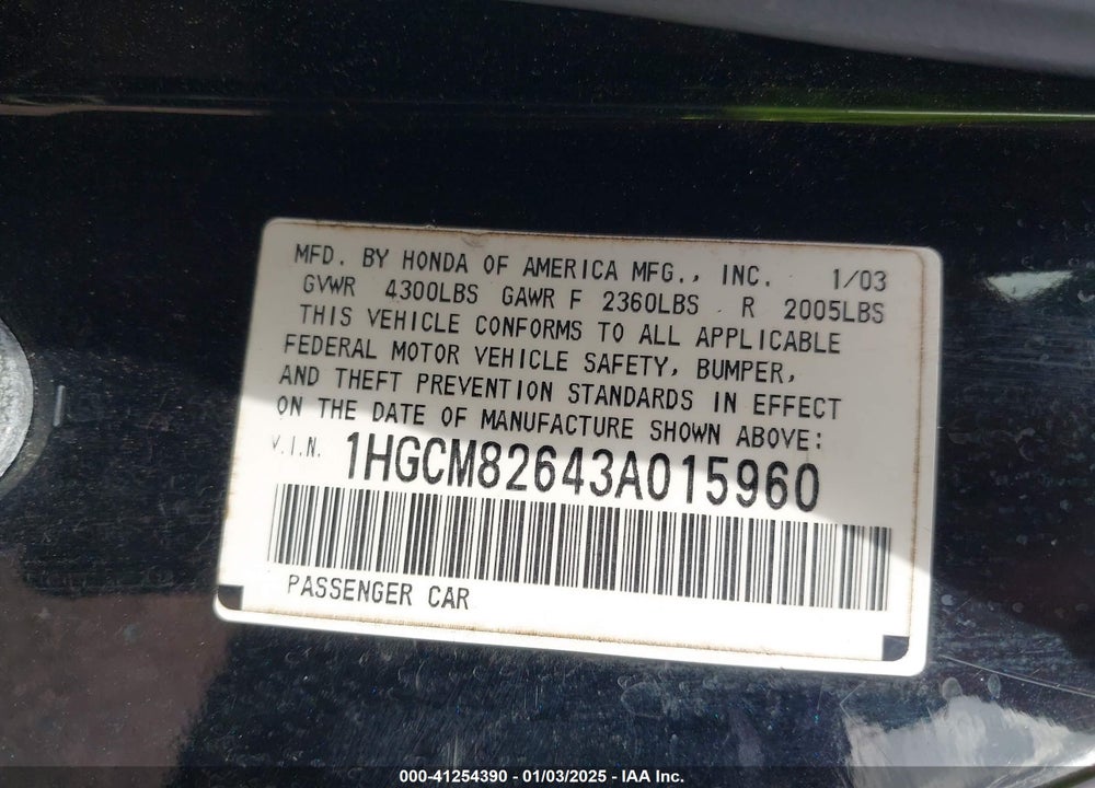 2003 HONDA ACCORD 3.0 EX VIN: 1HGCM82643A015960