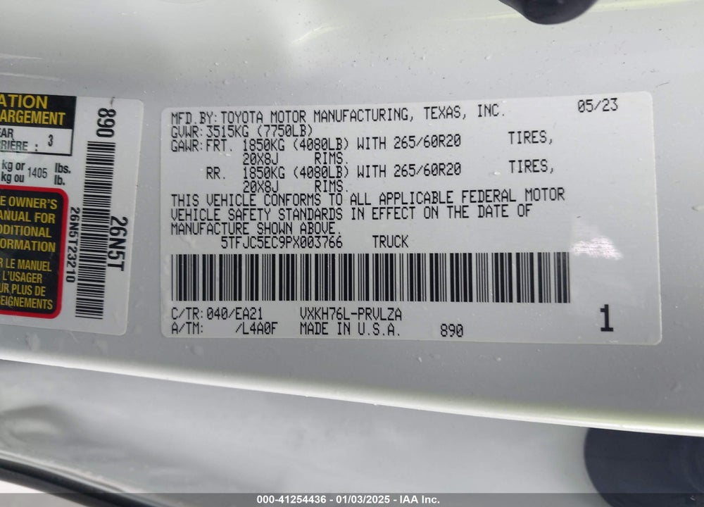 2023 TOYOTA TUNDRA VIN: 5TFJC5EC9PX003766