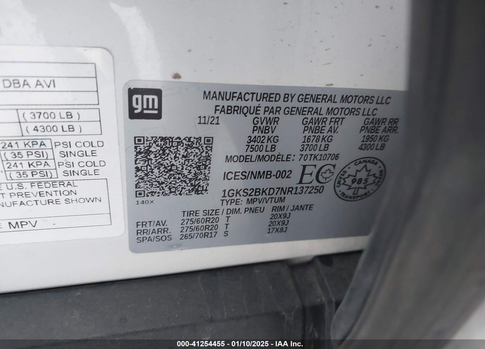 2022 GMC YUKON 4WD SLT VIN: 1GKS2BKD7NR137250