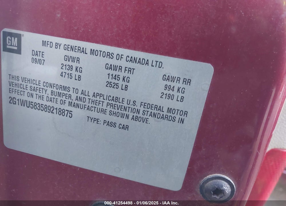 2008 CHEVROLET IMPALA VIN: 2G1WU583589218875