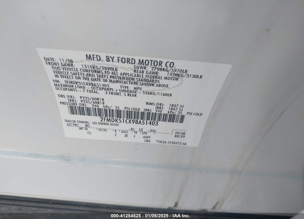 2009 FORD FLEX VIN: 2FMDK51CX9BA51403