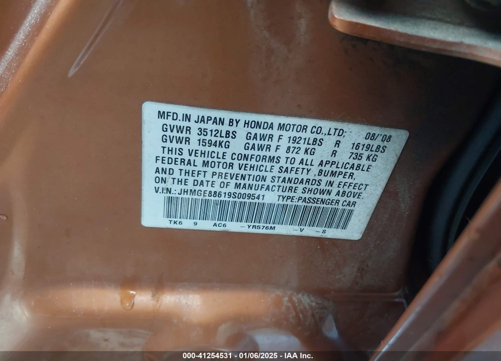 2009 HONDA FIT VIN: JHMGE88619S009541
