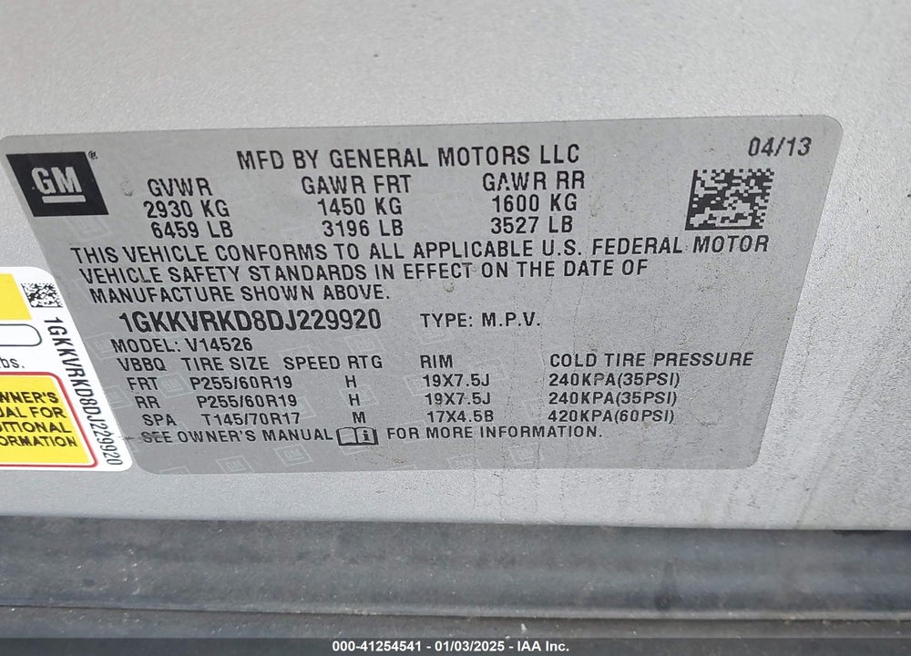 2013 GMC ACADIA SLT-1 VIN: 1GKKVRKD8DJ229920