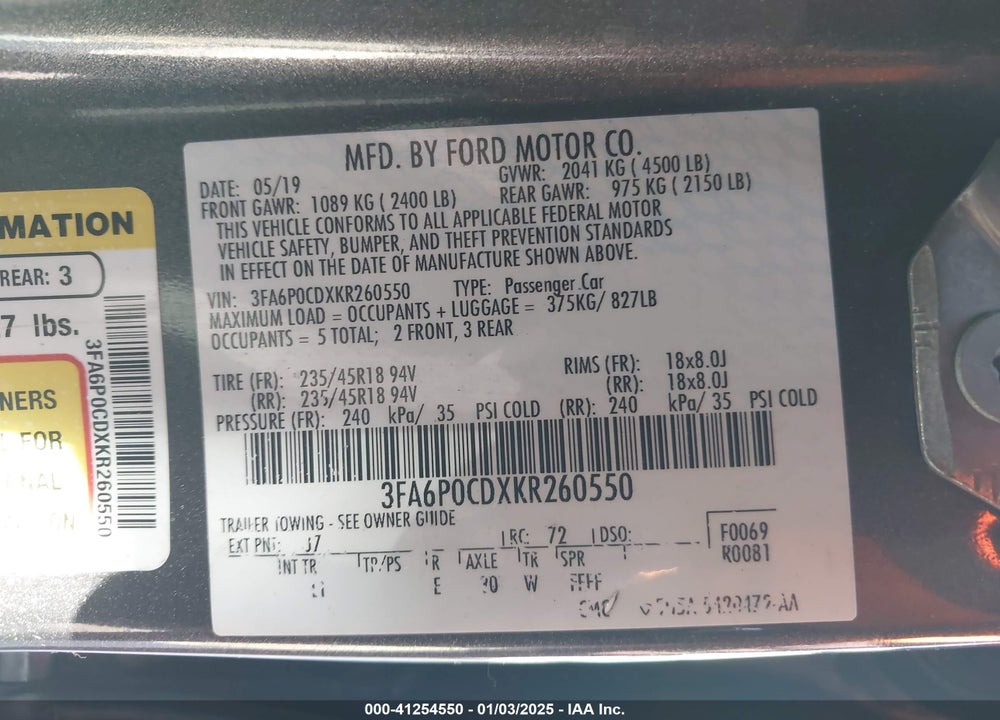 2019 FORD FUSION VIN: 3FA6P0CDXKR260550