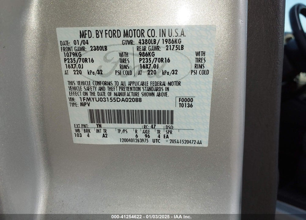 2005 FORD ESCAPE XLT VIN: 1FMYU03155DA02088