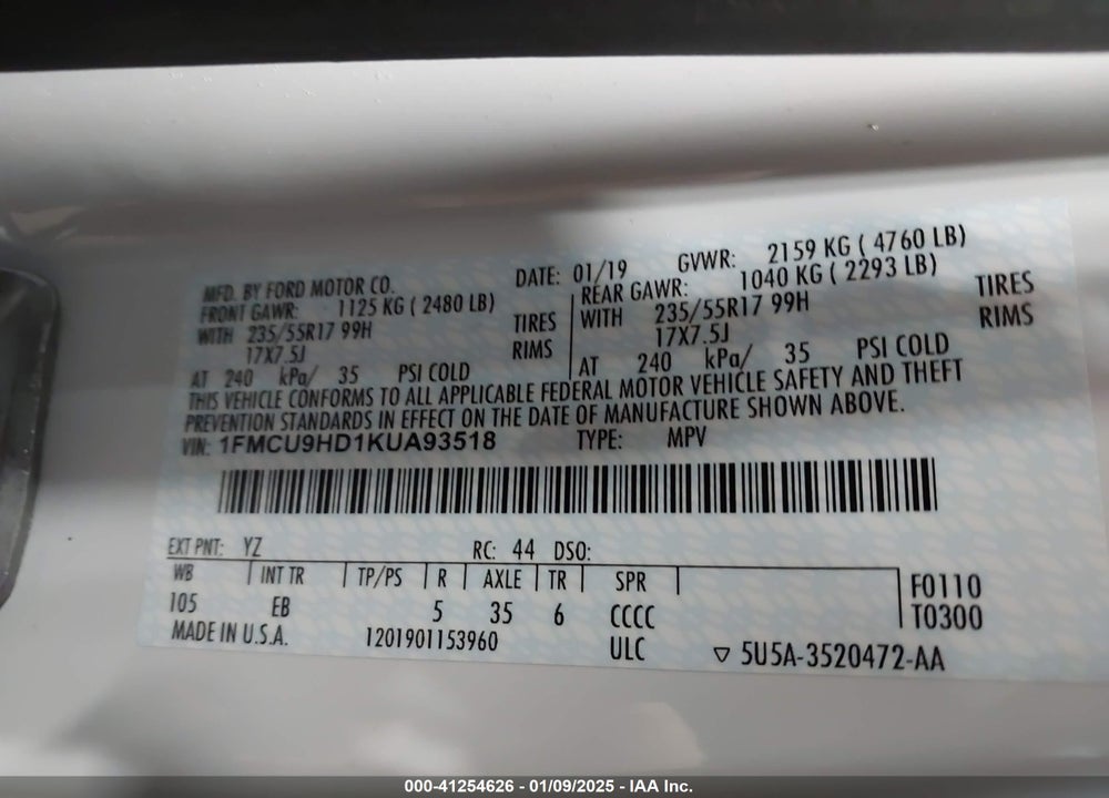 2019 FORD ESCAPE SEL VIN: 1FMCU9HD1KUA93518