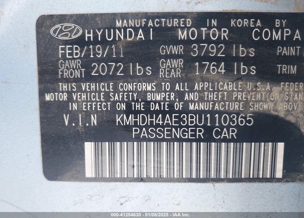 2011 HYUNDAI ELANTRA LIMITED (ULSAN PLANT) VIN: KMHDH4AE3BU110365