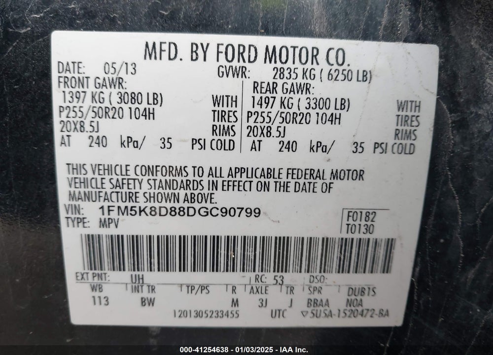 2013 FORD EXPLORER XLT VIN: 1FM5K8D88DGC90799
